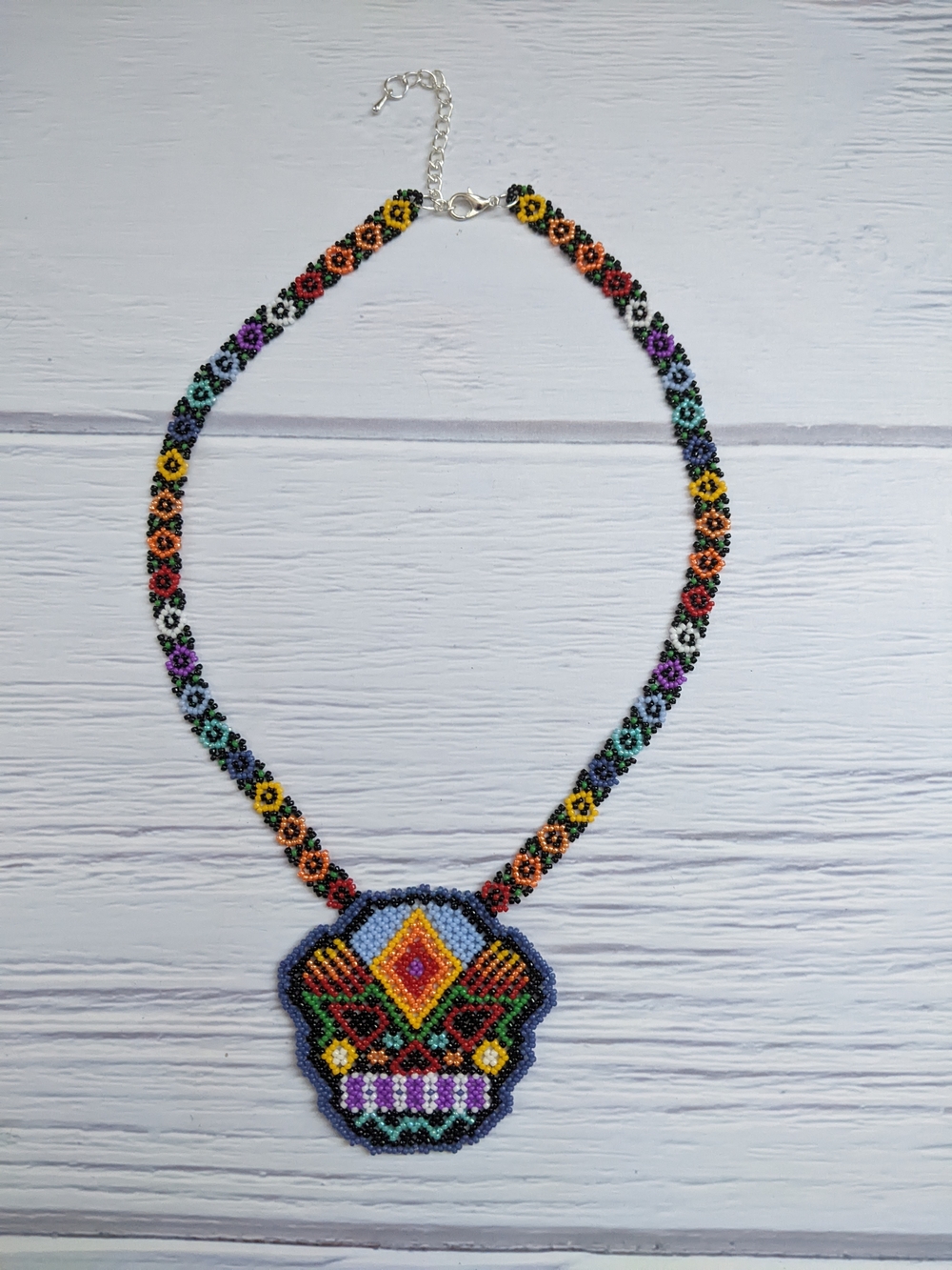 Handmade Multicolor Beaded Skull Pendant Necklace